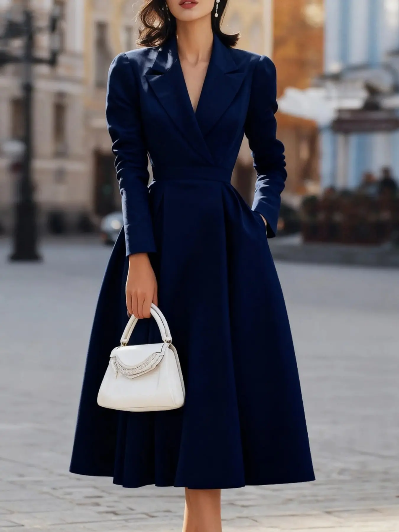 French Fashion Versatile Solid Color Deep V Neck New Women's Long Sleeve Dress, Vintage European Elegant Style Waist Cinching Party Dress