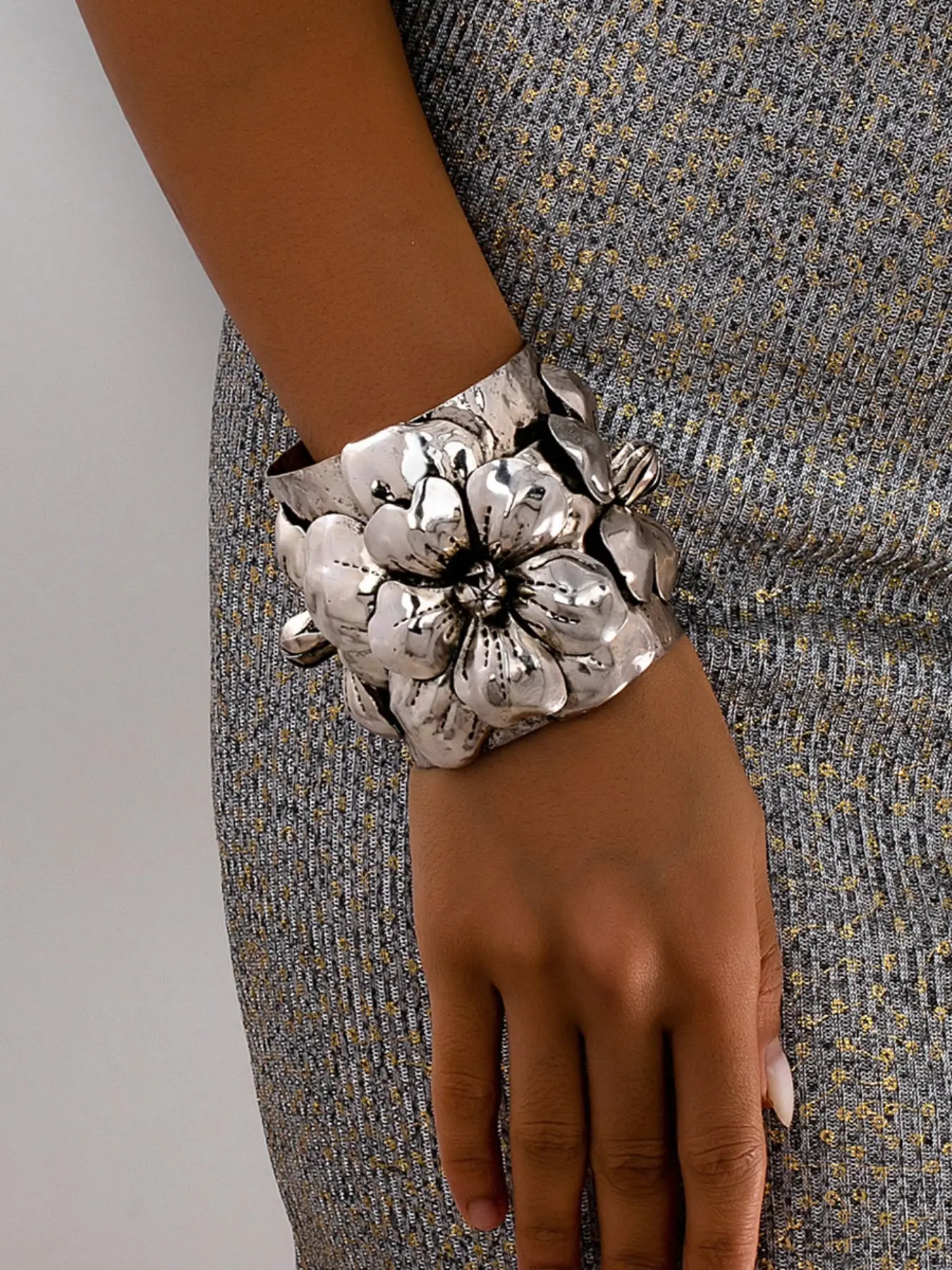 Vintage Bohemian Women's Floral Bracelet, Flower Design Bracelet, Wide Metal Bangle, Party & Vacation Accessory, Unique Statement Jewelry, Chunky Jewelry