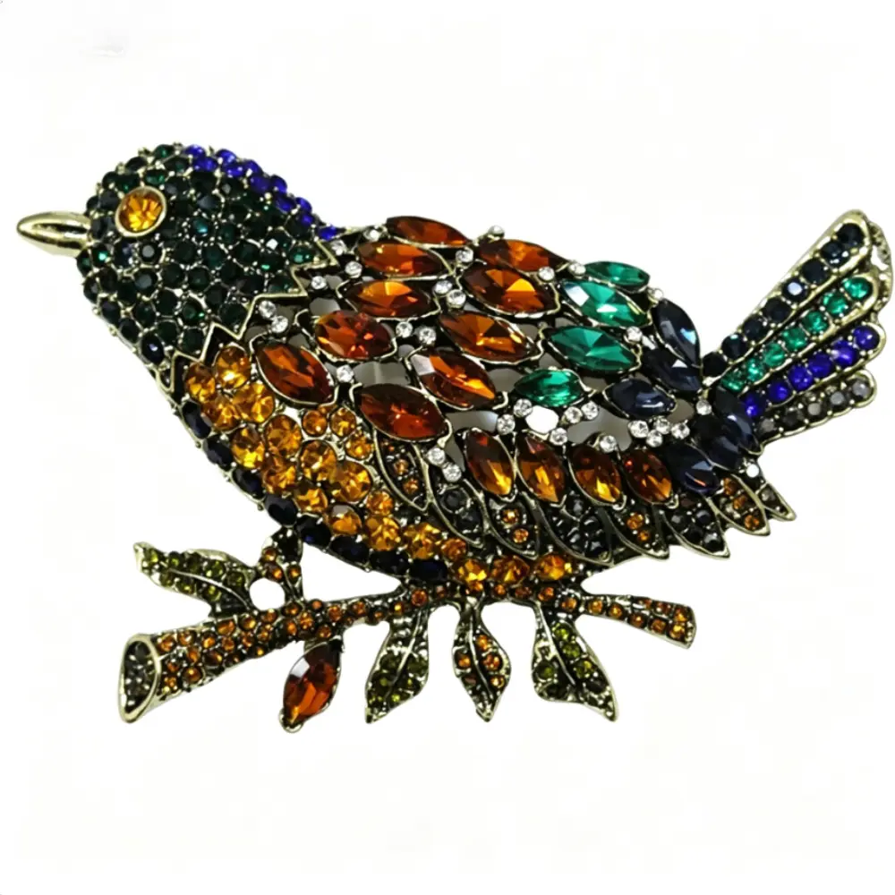 Vintage Branch Bird Brooch Antique Bronze Orange Green Black Marquise Crystal Full Paved Unisex Animal Lapel Pin