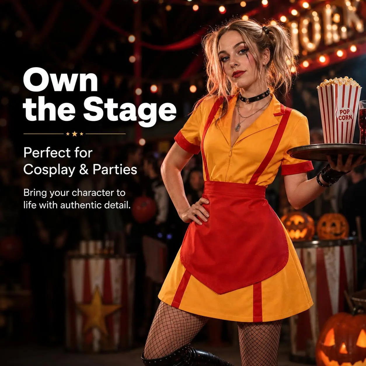 Girl Circus Fast Food Waitress Cosplay Dress, Red Yellow Maid Uniform Stage Performance Costume for Halloween Party