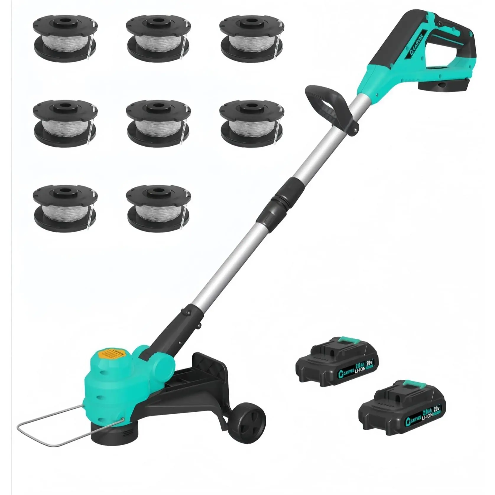 GARVEE 12" Cordless Weed Wacker - String Trimmer Grass Trimmer, w/ 2 x 2.0Ah Batteries Fast Charger with Wheels, 8 pcs Spools Lines, Grass Trimmer Battery Powered Eater String