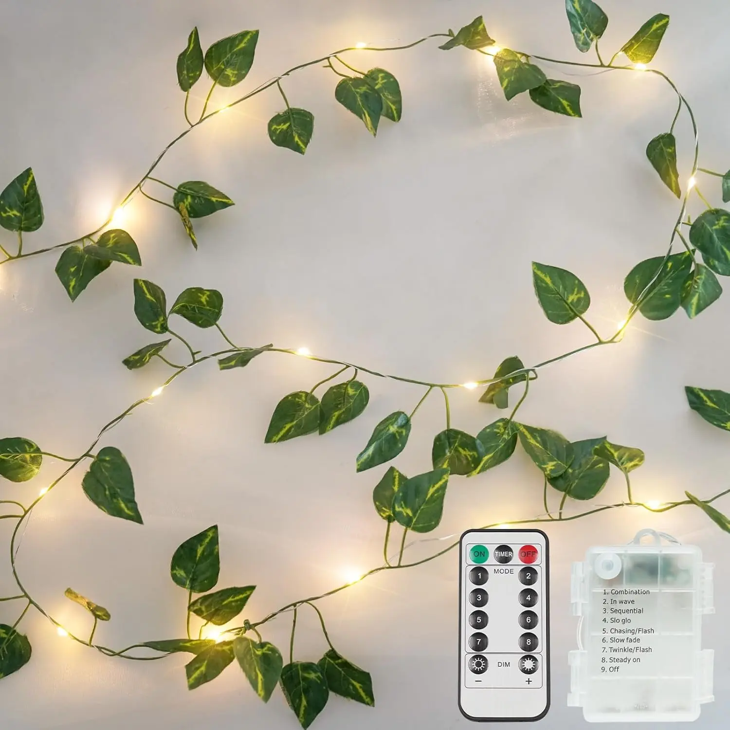 13.1FT 40LED Pothos Vine with Lights  Operated Copper Wire | String Lights with Remote,Leaf Lights for Bedroom,Classroom,Wall,Garden,Party,Wedding,Dorm Decor(Warm White)