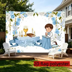 2D Flat banner 1pc First Holy Communion theme banner Blue and white roses and dove elements Religious ceremony layout, communion party background, religious event decoration Polyester