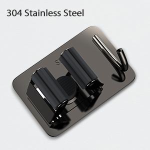 Mop Broom Holder No Drill, Mop Broom Organizer Wall Mounted Heavy Duty with Hooks Hanger, Self Adhesive Stainless Steel 4Pcs for Bathroom, Kitchen, Office (Black)