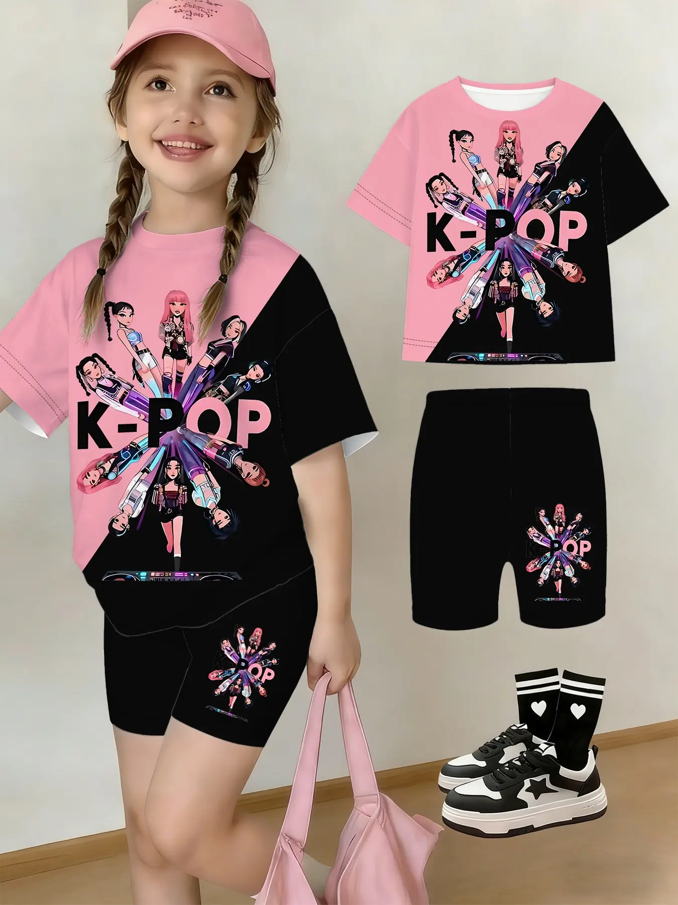 Girls' Spring Summer Yoga Pants Set, Block Idol Design, Casual Streetwear, Perfect Gift for Kids, Outdoor Activities