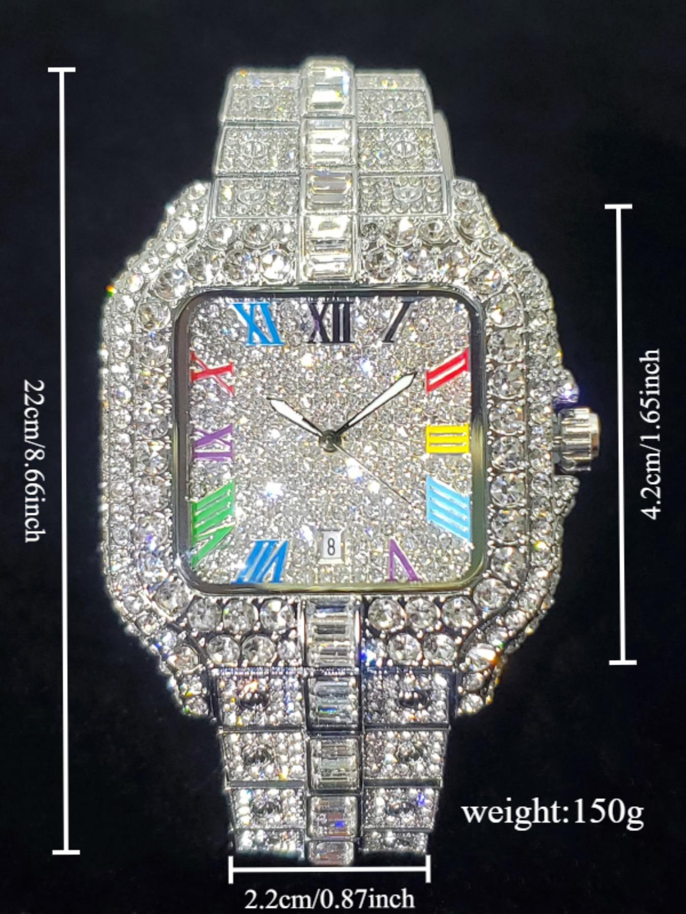 Men's Rhinestone Decorated Square Quartz Watch, Rhinestone Embellished Watch, for Men As Gift with Box, Square Dial, Stainless Steel Wristwatch Men's Rhinestone Decorated Square Quartz Watch, Rhinestone Embellished Watch, for Men As Gift with Box, Square Dial, Stainless Steel Wristwatch