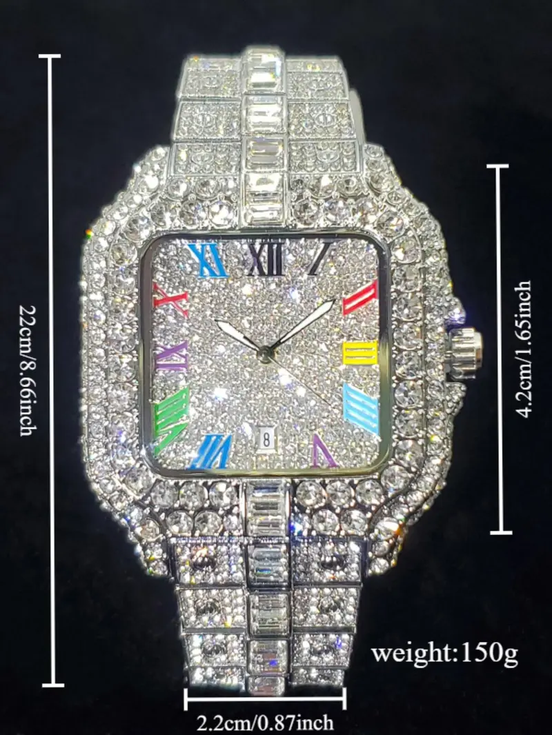 Men's Rhinestone Decorated Square Quartz Watch, Rhinestone Embellished Watch, for Men As Gift with Box, Square Dial, Stainless Steel Wristwatch, Rhinestone Watches Men's Rhinestone Decorated Square Quartz Watch, Rhinestone Embellished Watch, for Men As Gift with Box, Square Dial, Stainless Steel Wristwatch, Rhinestone Watches