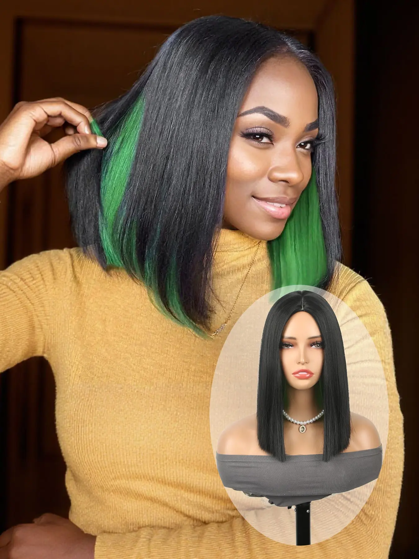 14-Inch Short Bob Wig with Highlights for Women, Natural Middle Part Shoulder Length Synthetic Hair Wig, Black Wig with Peekaboo Green，Suitable for Daily Gatherings, Cosplay, Music Festivals, and Carnivals.