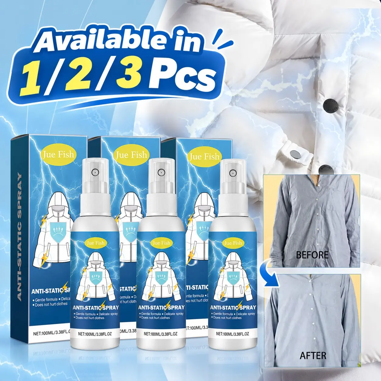 Anti Static Spray for Clothes, 100ml Fabric Static Cling Remover, Quick-Dry Clothing Care Spray for Sweaters & Down Jackets, 1/2/3 Pack