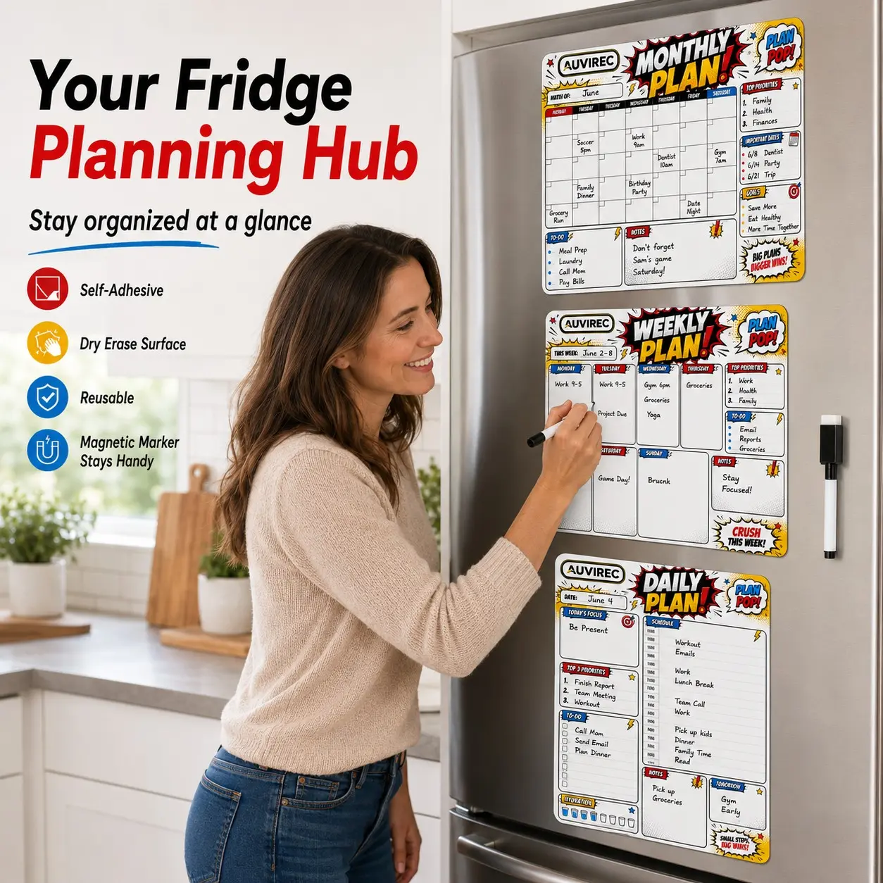 Auvirec 3-Piece Pet Dry Erase Calendar Set, Reusable Sticky Notes Board, Wall Refrigerator Door Organizer, Time Management Tool