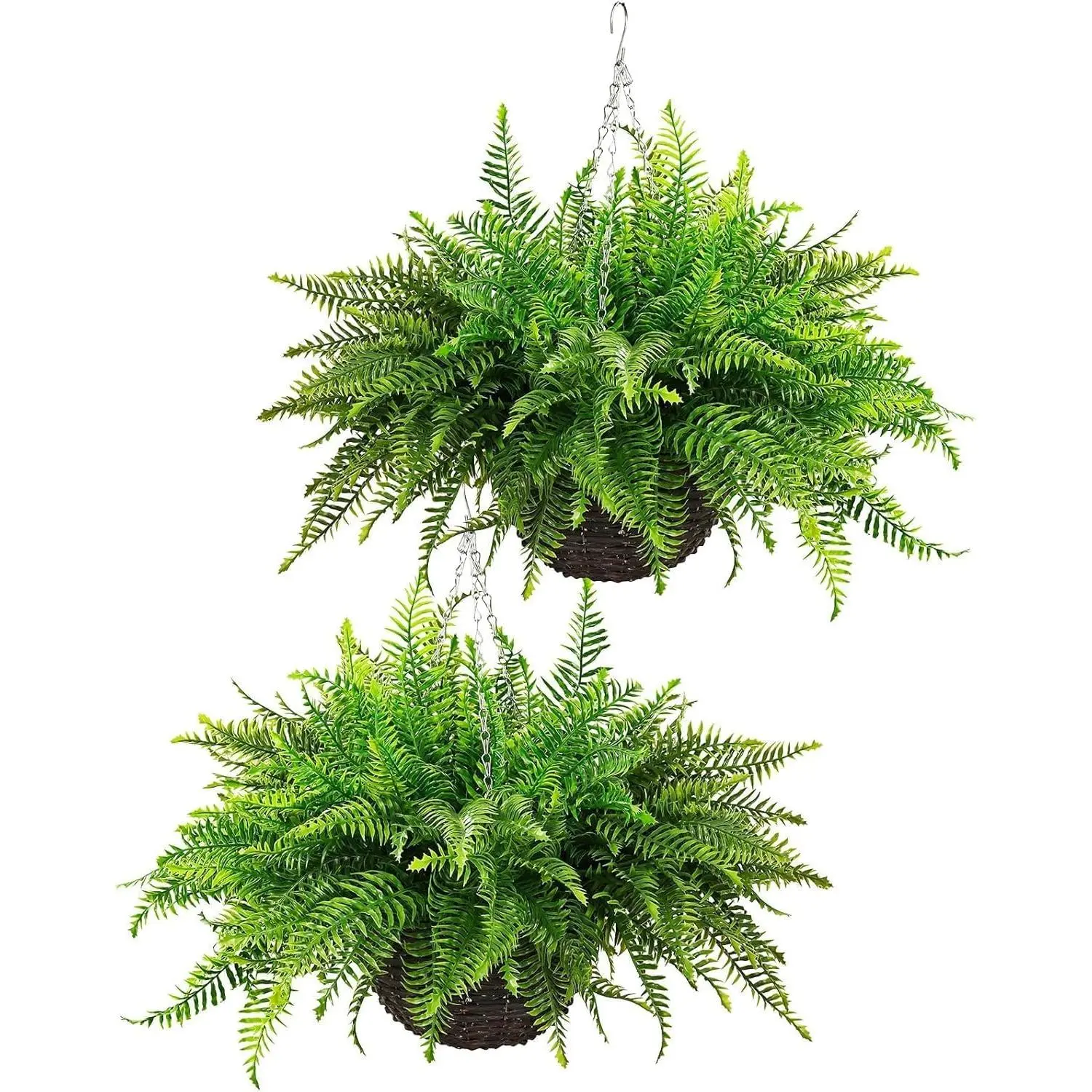Outdoor Fake Hanging Fern – Artificial Hanging Ferns 2 Pack, Large Faux Boston Fern Bushes, UV Resistant Outdoor Hanging Plants for Front Porch, Patio & Indoor Decor