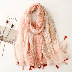 Creative ethnic style cotton and linen hand-woven scarf in colorful design with a sense of luxury. With wheat ears tassels. A travel and beach scarf suitable for women. A thin style sun protection scarf.