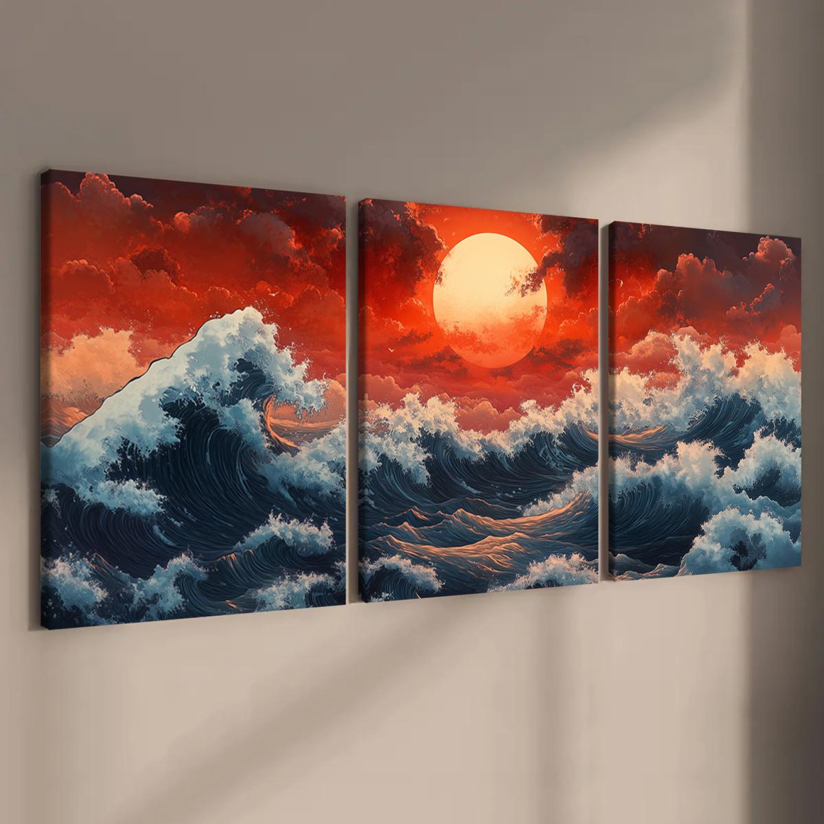 Wooden Framed Canvas Painting, Photo on Canvas, 3 Counts/set Ocean Wave Landscape Decoration, Natural Landscape Art, Perfect Living Room Decoration, Modern Art, Sunrise Print Pattern, Vibrant Print, Poster