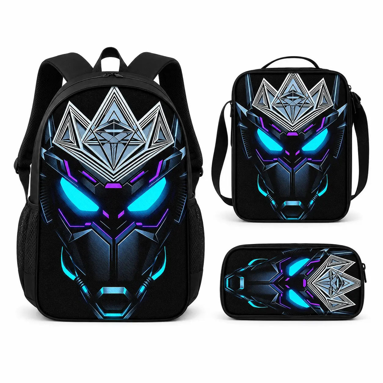 Tech-style backpacks, shoulder bags, and storage pouches featuring a design of silver-gray geometric patterns on a black background, accented by blue-purple neon-style prints-ideal for anime and gaming enthusiasts for daily commutes or short trips.