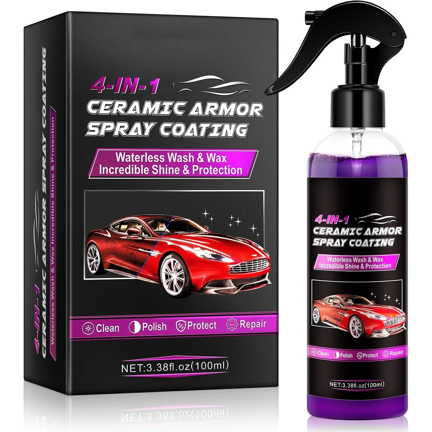Ceramic Coating  for , 4-in-1 Nano SiO₂ Formula,  Water Beading, Super Hydrophobic Protection, Deep Gloss Finish, Easy - Wipe-Off, Safe for , Glass, Wheels & Trim, 3.38FlOz