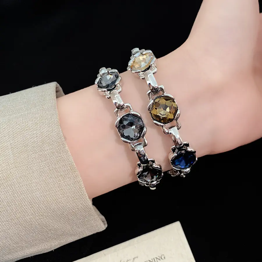 Silver Crystal Link Bracelet, Vintage Smoked Gemstone Bangle, Luxury Rhinestone Geometric Jewelry, Aesthetic Chunky Strand Chain for Women Party Gift