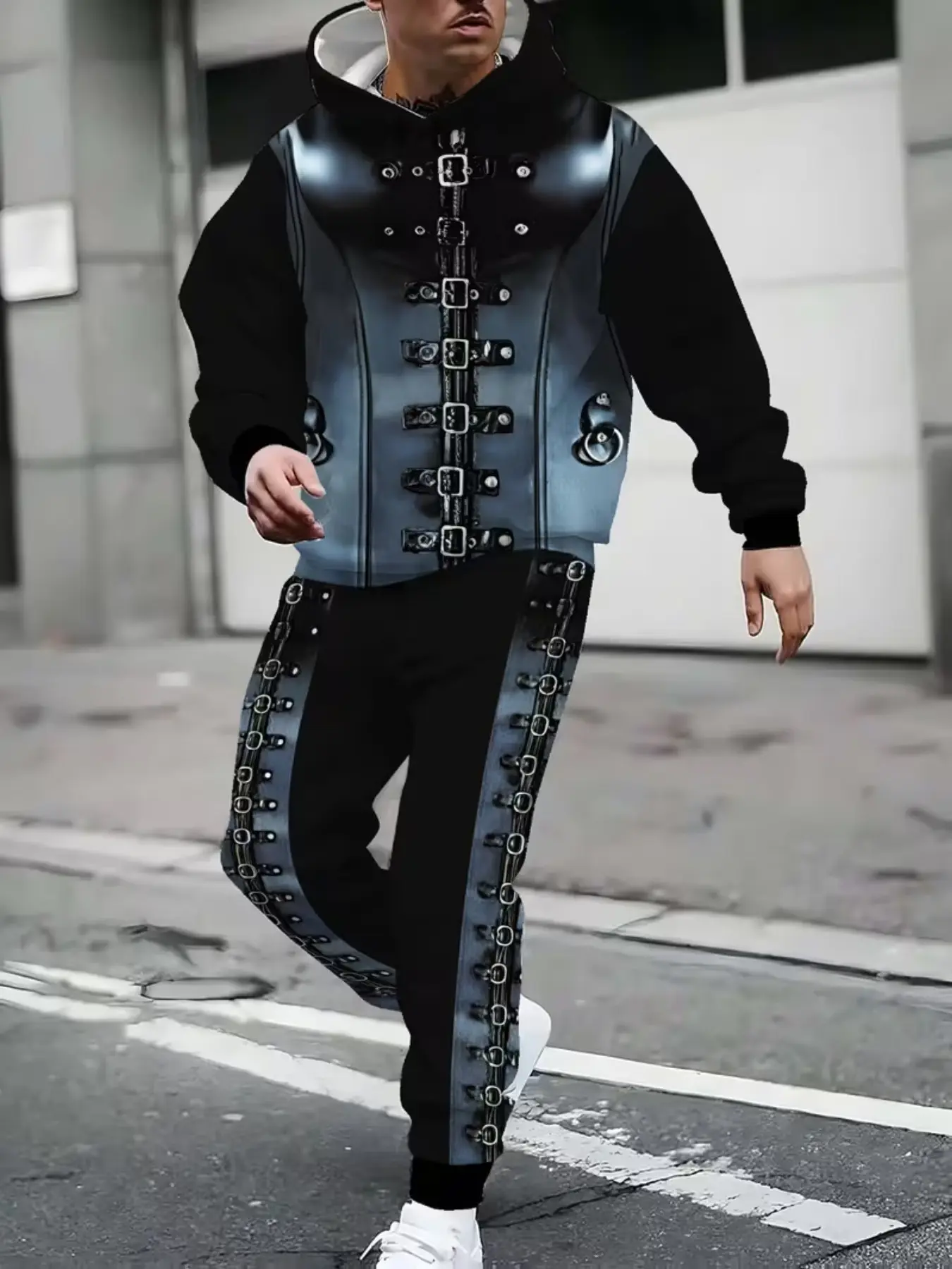 Men's 3D Leather Motorcycle Vest Set, Vintage Metal Buckle Hoodie & Loose-Fit Pants, All-Over Print, Casual Streetwear, All Seasons