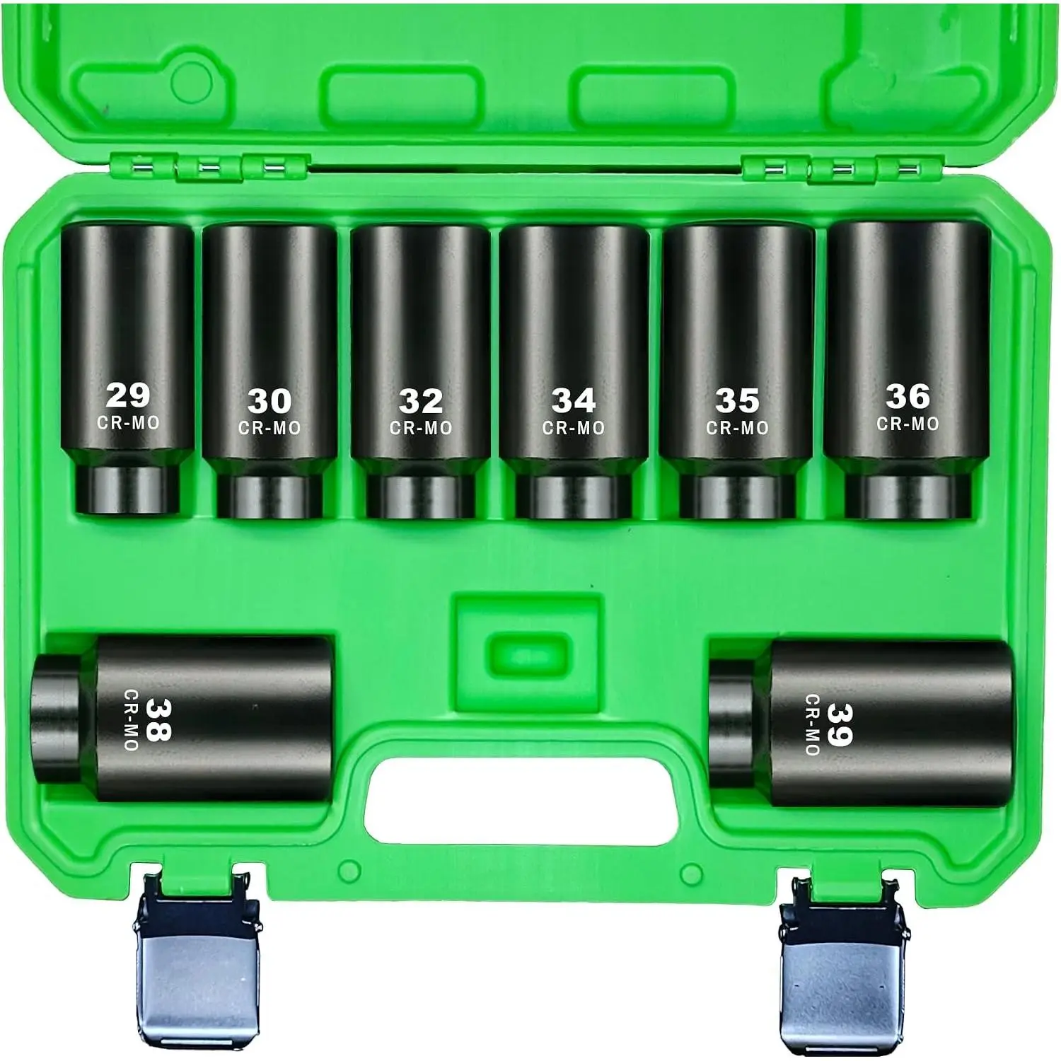 8 count 1/2" Deep Axle Nut  Socket Set, CR-MO, 6 Point Design, Metric, 29,30,32,34,35,36,38,39mm, 1/2 Inch Extra Deep  Socket