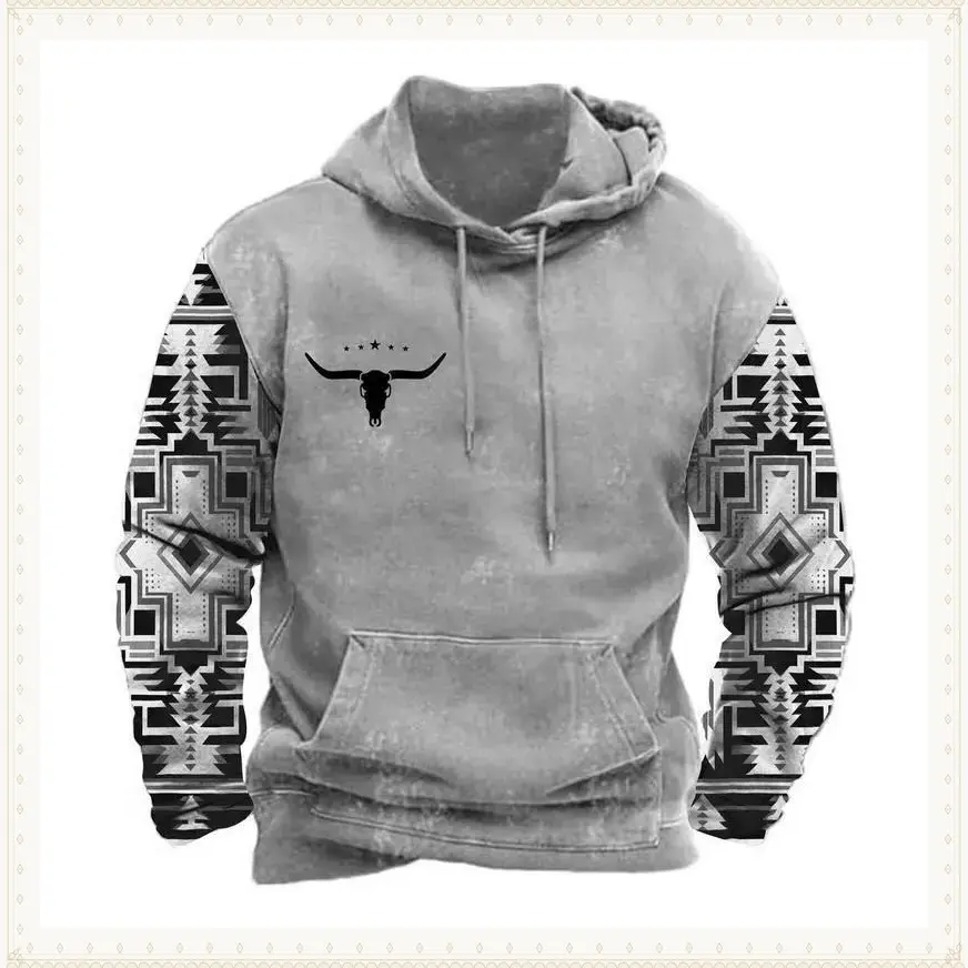 Men's Aztec Hoodie Western Cowboy Hooded Sweatshirt Warm Loose Casual Long Sleeve Drawstring with Pockets Menswear Animal Jeans JoggersGift