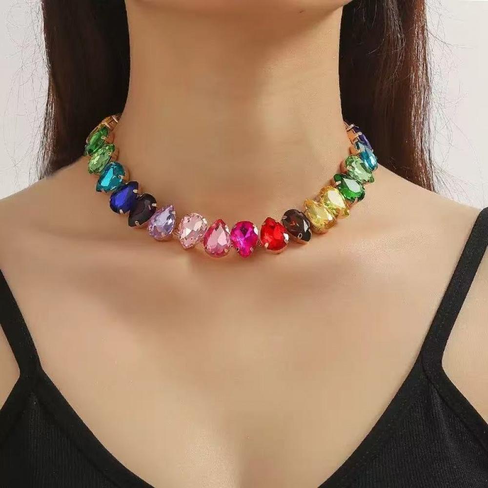 Colorful Dopamine Jewelry, Candy-Colored Large Gemstone Necklace, Bold Rainbow Crystal Necklace, Fashionable Aesthetic Jewelry for Summer Parties