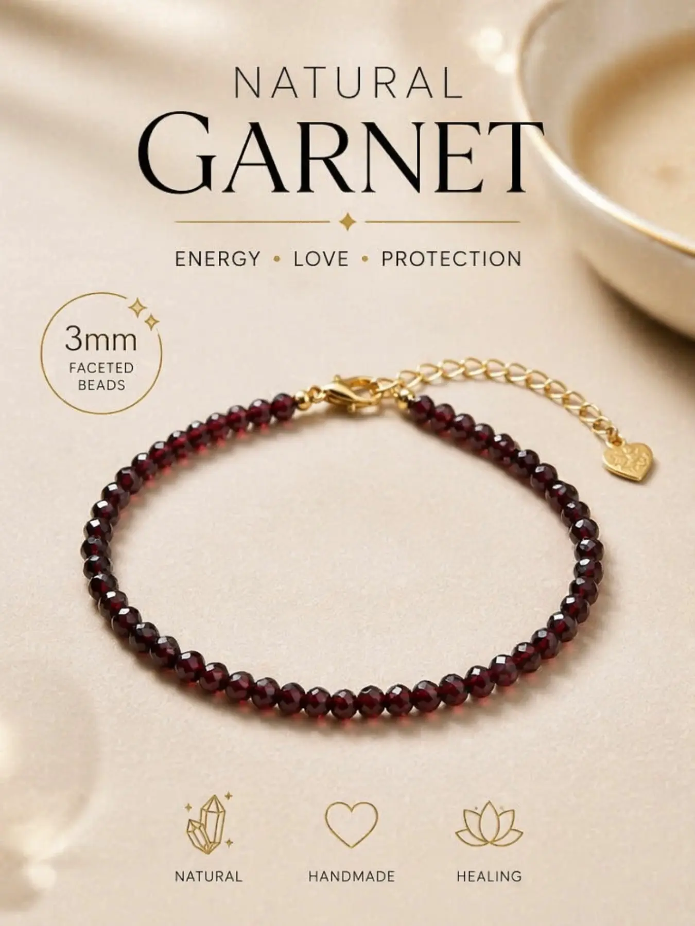 3mm Natural Garnet Bracelet for Women, Red Gemstone Beaded Bracelet with Heart Charm, Handmade Dainty Crystal Jewelry, Energy Healing Meditation Bracelet, Spiritual Lucky Stone Wristband, Stackable Boho Minimalist Jewelry Gift for Her
