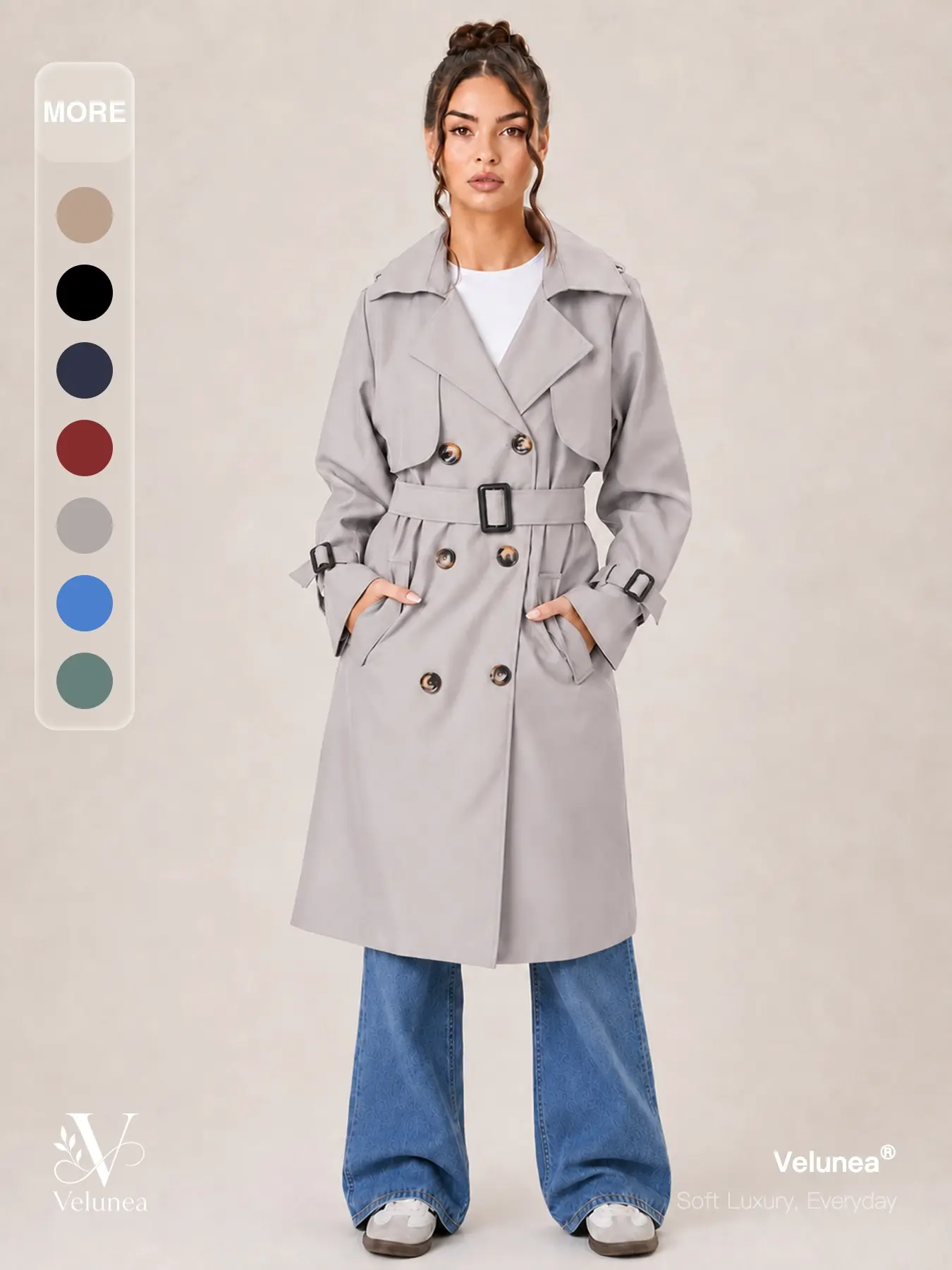 Velunea Women’s Petite Trench Coat, Korean Style Mid Length Double Breasted Jacket with Waist Belt, Casual Chic Fall Outerwear