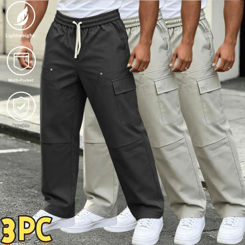 Men’s 3-Pack Loose-Fit Wide Leg Casual Cargo Pants, Black+Grey+Khaki, Lightweight Durable Multiple Pockets Elastic Drawstring Outdoor Wear Work Trousers, Breathable Pull-On Joggers for Daily Hiking