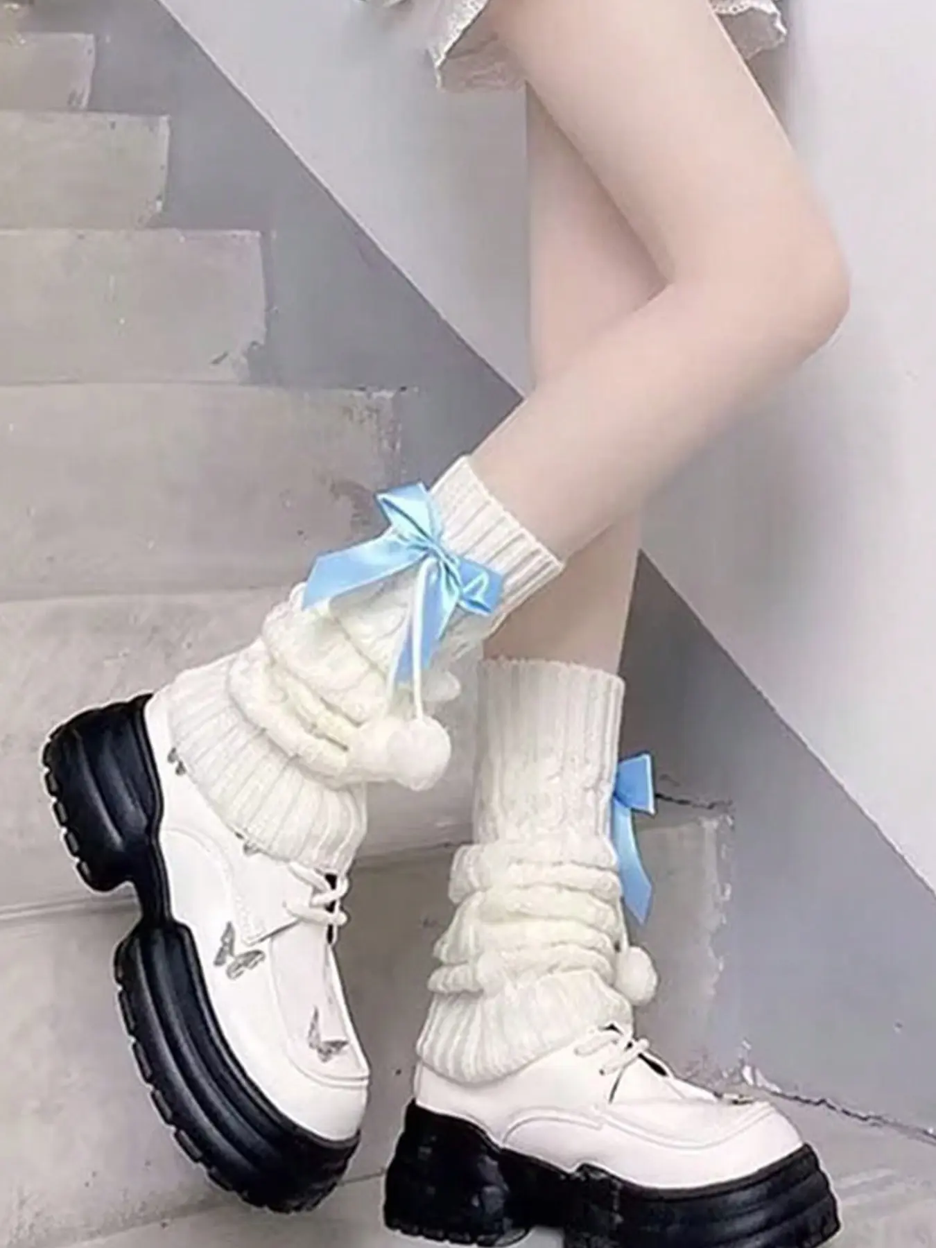 Women's Casual Fitted Blue Bowknot Leg Warmers, Warm and Versatile Winter Accessories, All Seasons Fashion Footwear