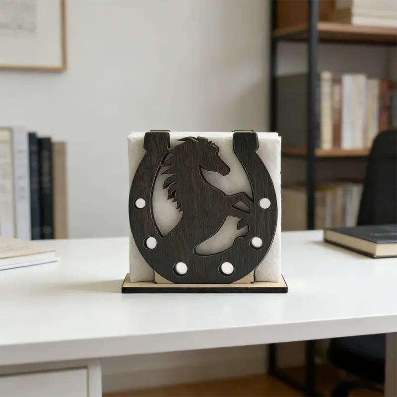 Western Style Wooden Napkin Holder, Decoration, available in two styles: horseshoe and horse head, cow print with bow. This rustic table napkin storage rack features a Western cowboy aesthetic as a tabletop decorative ornament