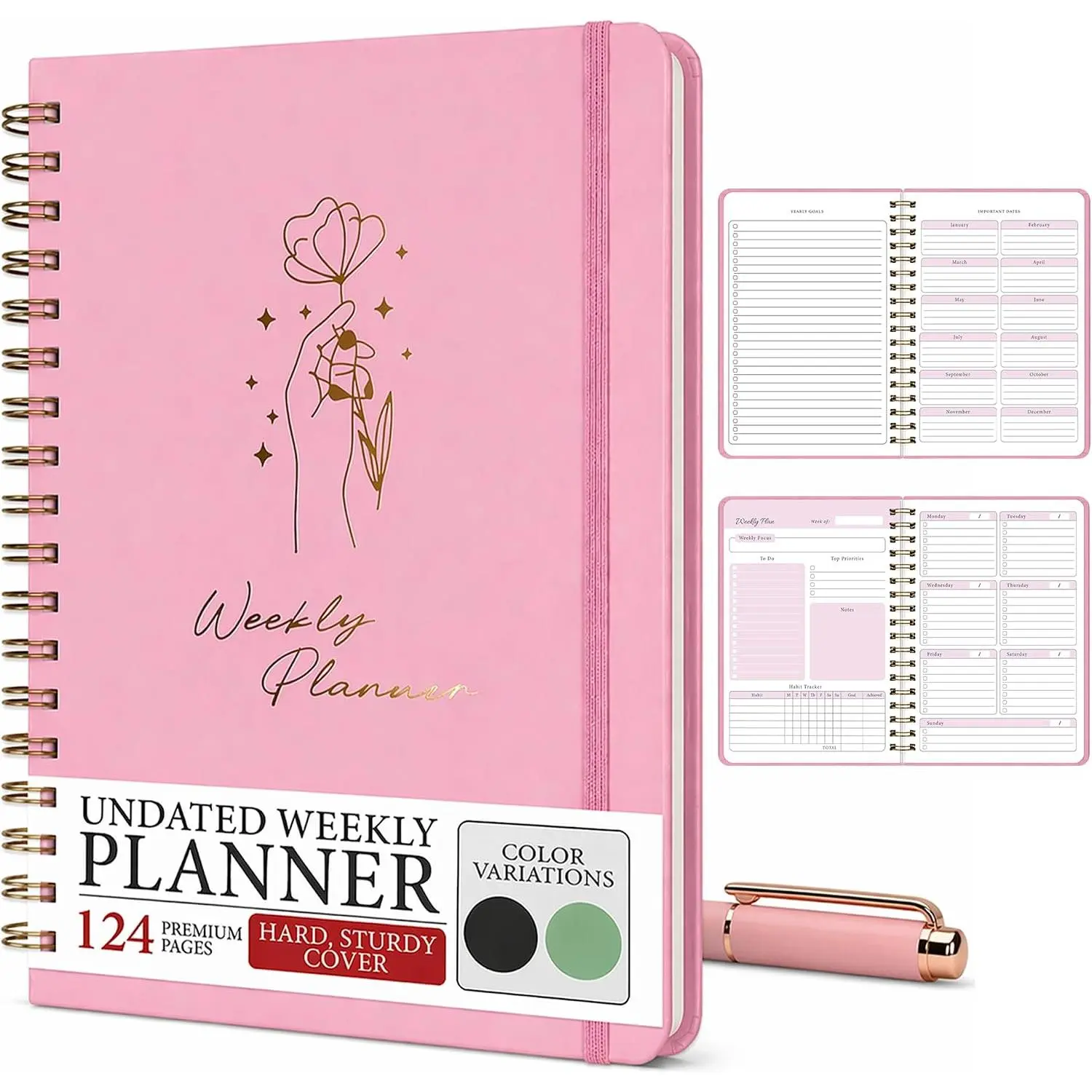 Undated Weekly Planner & Notebook for Work, School &  | Aesthetic Hardcover Spiral Blank Planner with Habit , Goal Organizer &  — 124 No-Bleed Pages, 6.4×8.5",