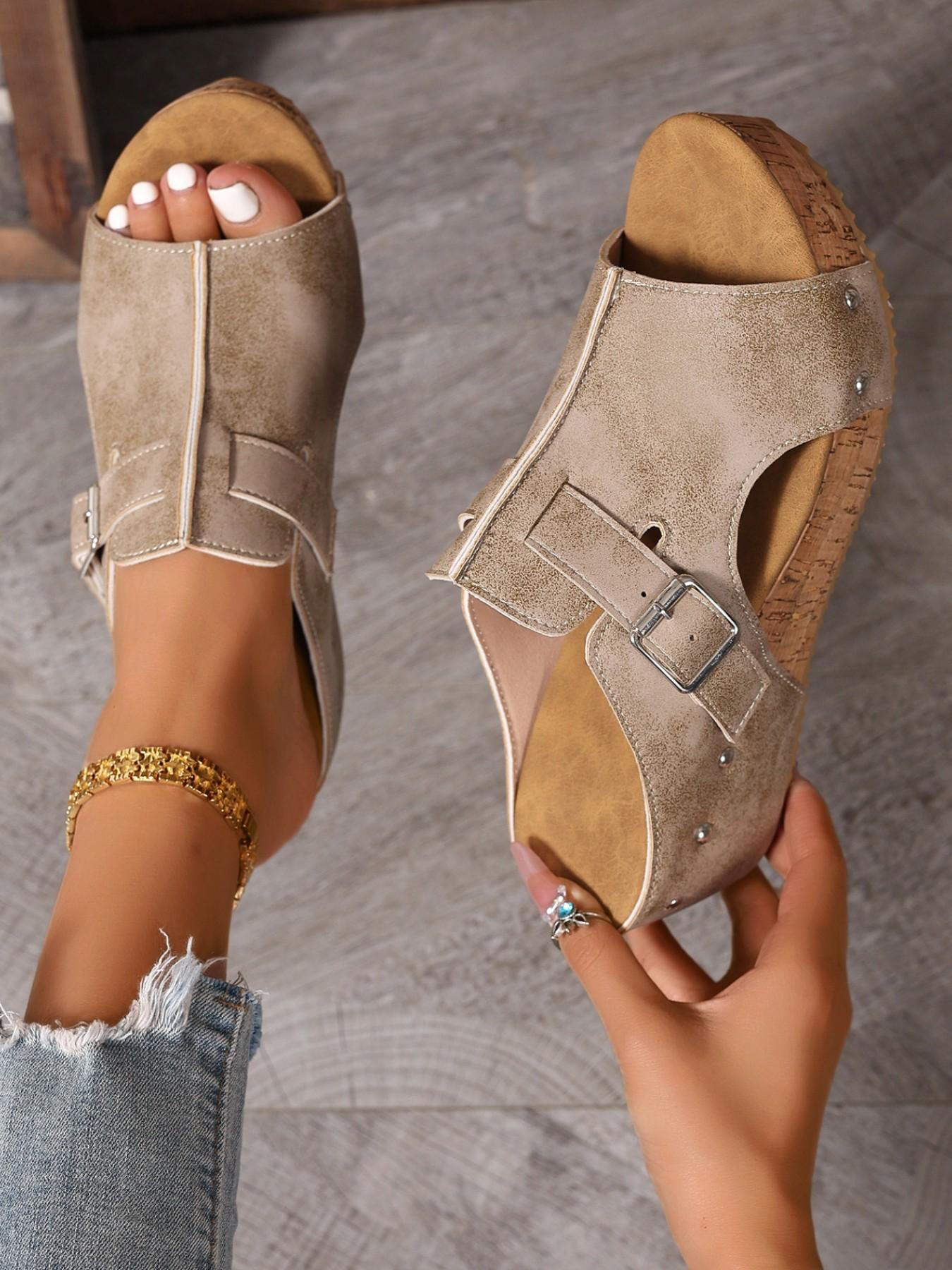 Summer New Women's Plus Size Open Toe Platform Wedge Sandals, Taupe Color Fashionable Comfortable Shoes for Casual Outings, Casual Trendy Sandals