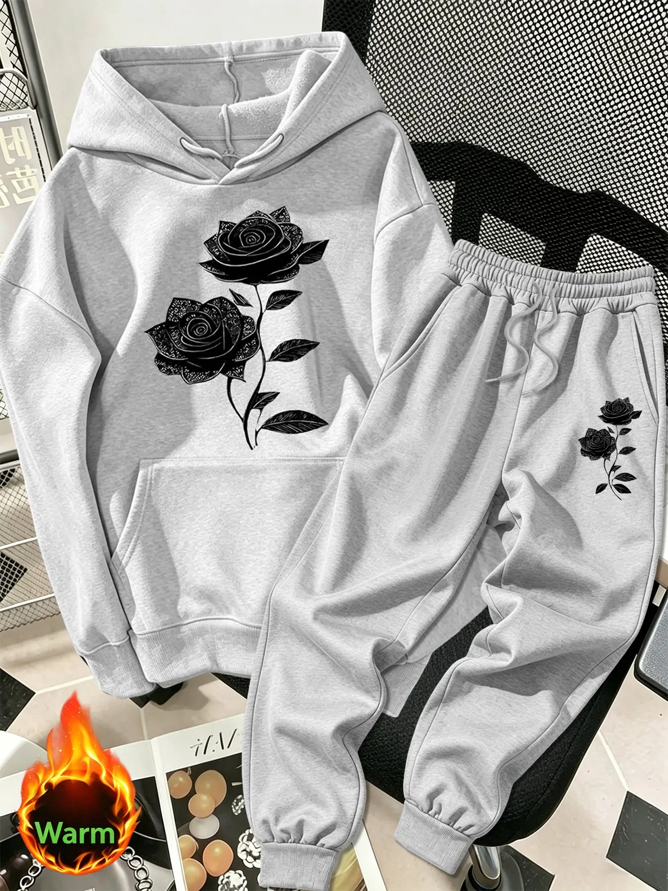 Men's Fall Winter Luxury 2-Piece Set, Thick Hooded Sweatshirt + Drawstring Sports Pants, Dark Rose Print, Outdoor & Casual Wear, Gift Idea