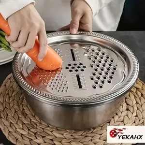 3pcs Stainless Steel Kitchen Set with Integrated Grinder, Multifunctional Filter And Mixing Bowl for Cleaning And Slicing Fruits, Vegetables, Cheese - Food Safety Preparation Bowl with Drainage System Father's Day Gifts