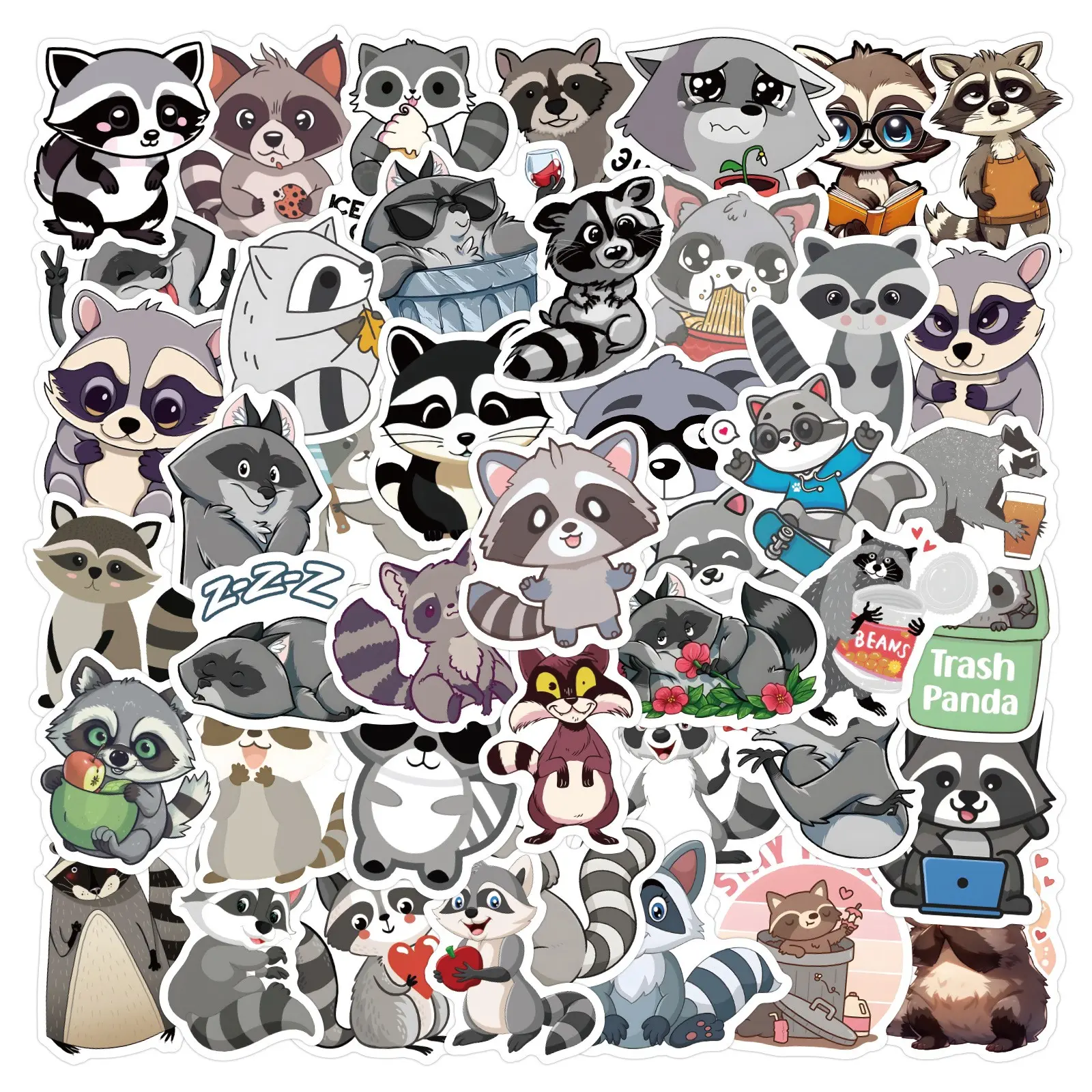 60 Sheets Cute Raccoon Graffiti Stickers, Waterproof Stickers for Luggage, Water Bottle, Skateboard, Animal Series Decorative Stickers