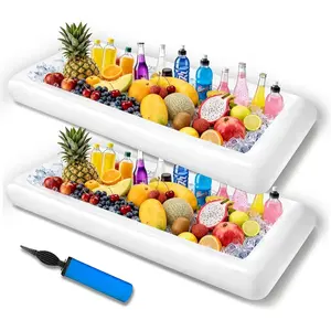 Inflatable Ice Serving Bar with Drain Plug, Buffet Cooler Serving Tray for Salad Food & Drinks, Inflatable Serving Bar for Party BBQ Picnic Pool Camping Indoor Outdoor (2, White)
