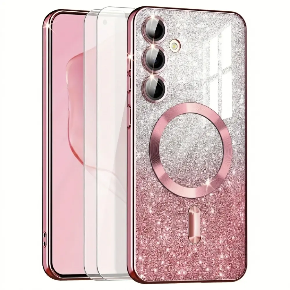 Phone Case - Set of 3 [1 Phone Cover And 2 Screen Protectors] Designed for Samsung Galaxy A57, A37, A27, A17, A55, A35, A15, A56, A36, A16 Featuring a Clear Magnetic Glitter Gradient with a Luxurious Plated Soft Bumper And a Complete Camera Lens Protector