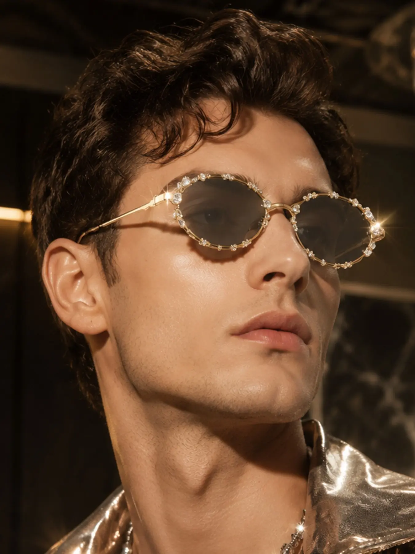 Men's Metal Rhinestone Oval Frame Fashion Glasses, Luxurious Elegant Versatile Party Glasses, Perfect for Dinner Parties, Dates, Streetwear
