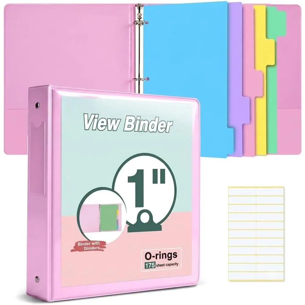 3 Ring Binder 1 inch,Cute Binder Organizer with 5 Tab Dividers Fits 175 Sheets of 8.5x11 Paper, Customizable Clear Cover with Inside Pockets, Aesthetic 1" Three Ring Binders for School Office,