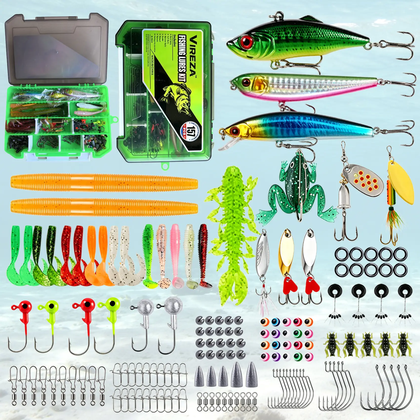 Vireza 157 Pcs Complete Fishing Tackle Set with Storage Box, Fishing Tools Including Mixed Hard/Soft Baits, Spoons, Jig Heads, Hooks, Sinkers for Freshwater, Saltwater Bass Trout, Complete Tackle Set