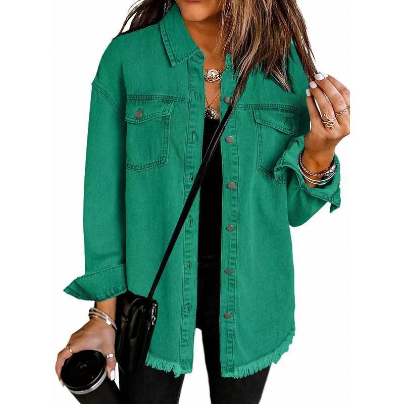 Women's Button Up Frayed Hem Shacket Long Sleeve Pockets Denim Jean Jacket