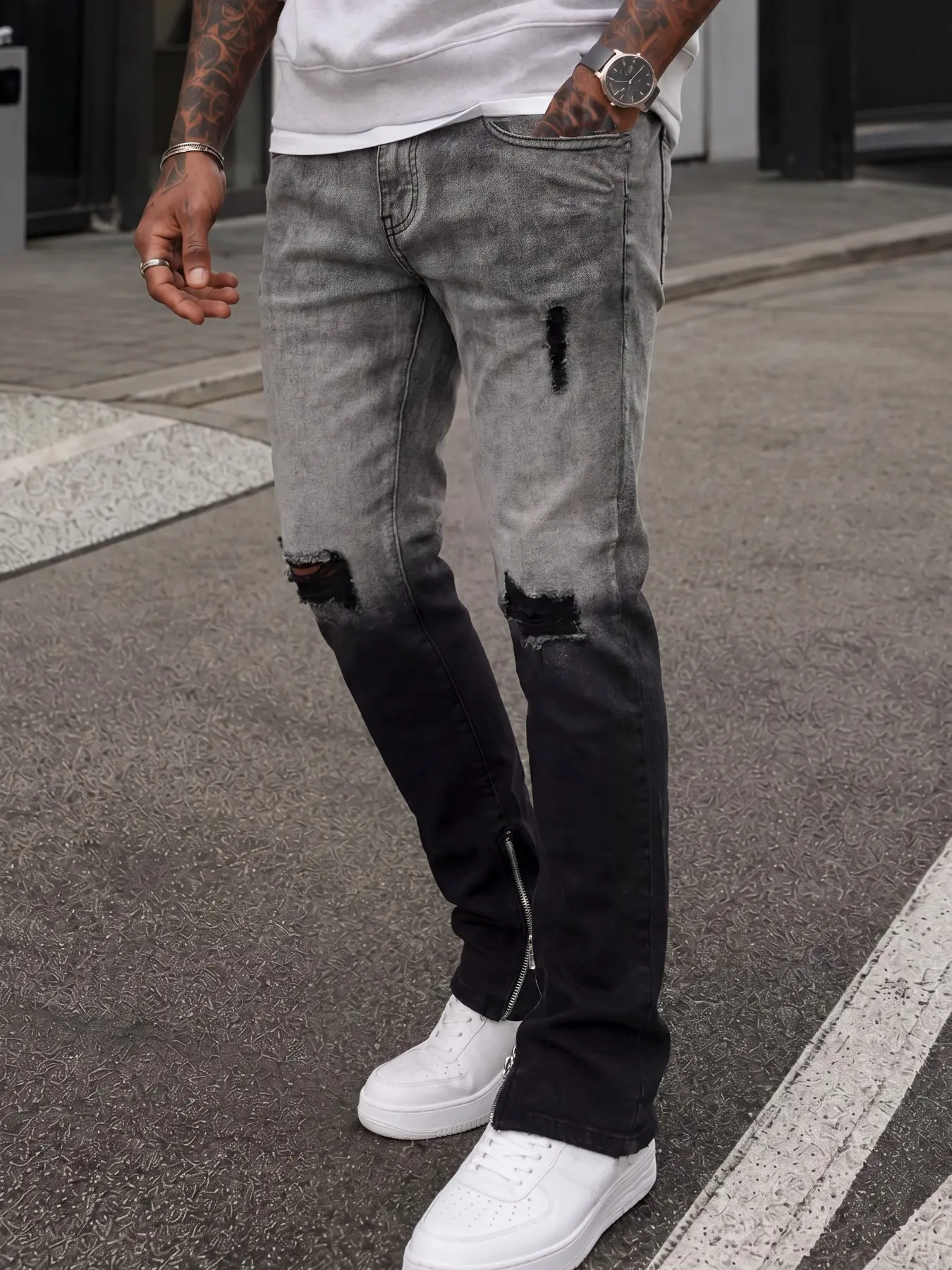 All-Season Men's Slim Straight Long Jeans with Frayed Ripped Knees and Split Zipped Hems, Trendy American Streetwear Denim Pants, Perfect Gift for Boyfriend and Husband, Slim fit