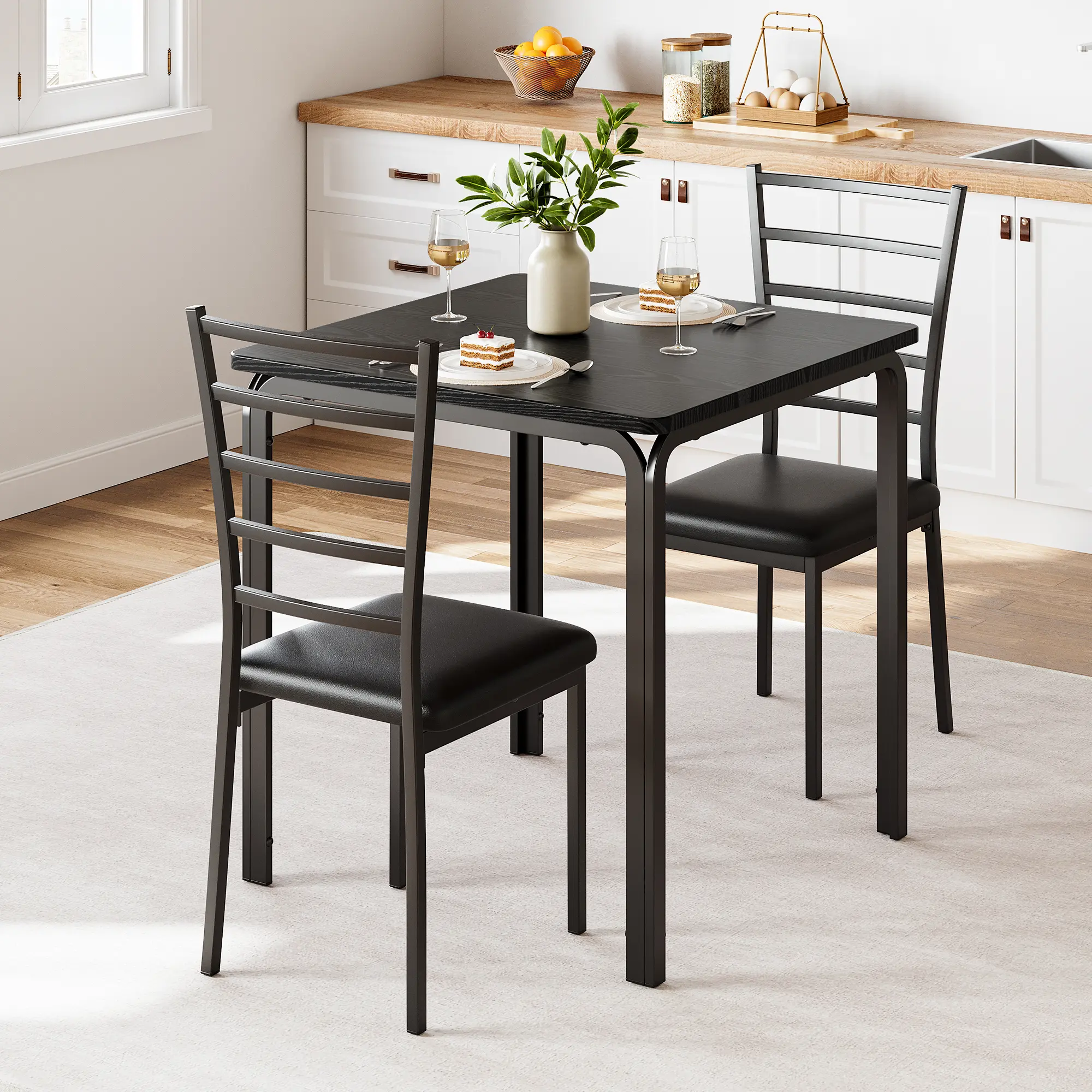 3-Piece Kitchen Table Chair Set, Indoor Modern Dinette Set for 2, Square Dinner Table Set with 2 Upholstered Chairs for Dinette, Breakfast Small Space