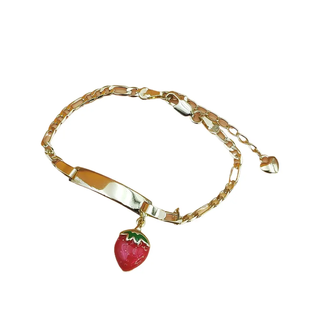 Kids' Adjustable Basic Bar Bracelet with Strawberry Charm, Engravable Child Size Jewelry for a Birthday Gift, Bangle, Kids Wear, Fruit