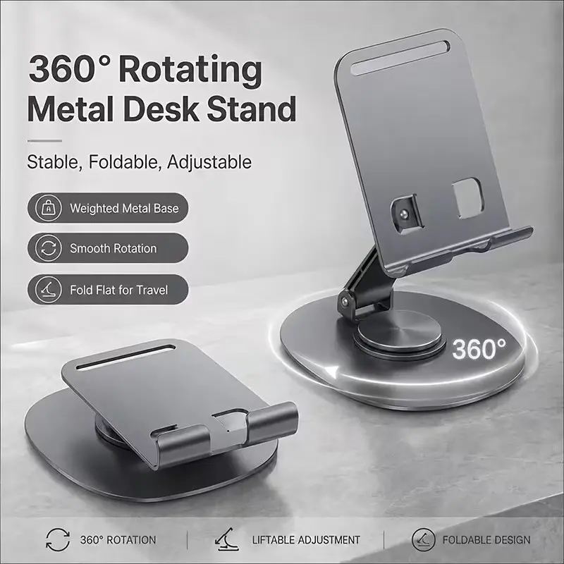 360 Degree Rotating Metal Desk Stand for Phone and Tablet, Dual Axis Adjustable Base, Stable Holder for iPhone, iPad, Office, Video Calls, Streaming