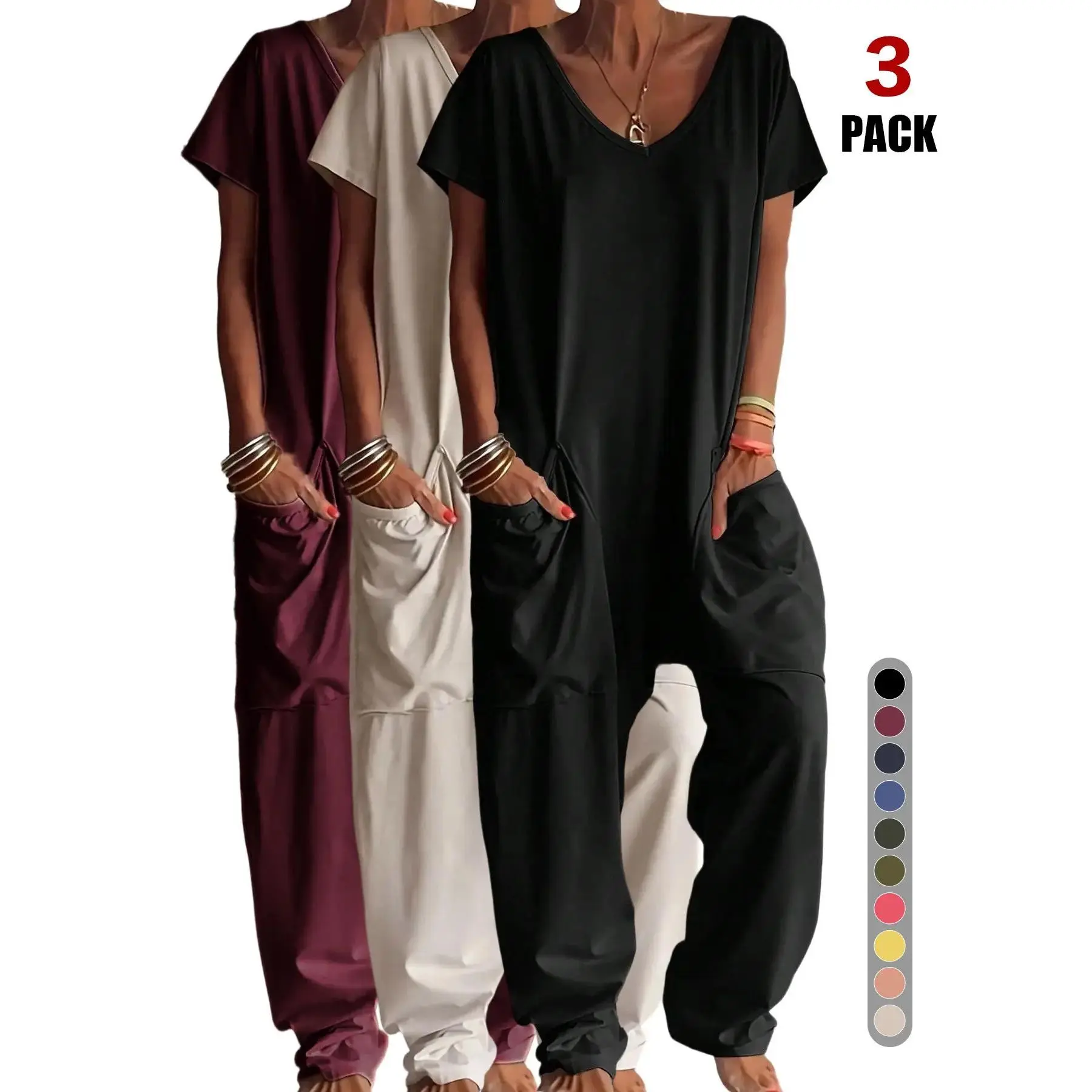 3pcs V Neck Short Sleeve Jumpsuit, Drop Crotch Harem Overall, Soft Stretch Knit Fabric, Big Side Pockets, Casual Daily & Vacation Wear