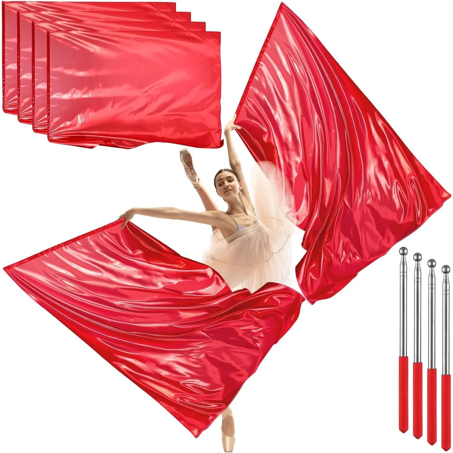 4 Set Worship Flags for Dance 53 x 73.6 Inch Large Praise Church Flags with 4 Pcs Scalable Rod for Adults Practice Performance Banderas De Danza Cristiana (Red)
