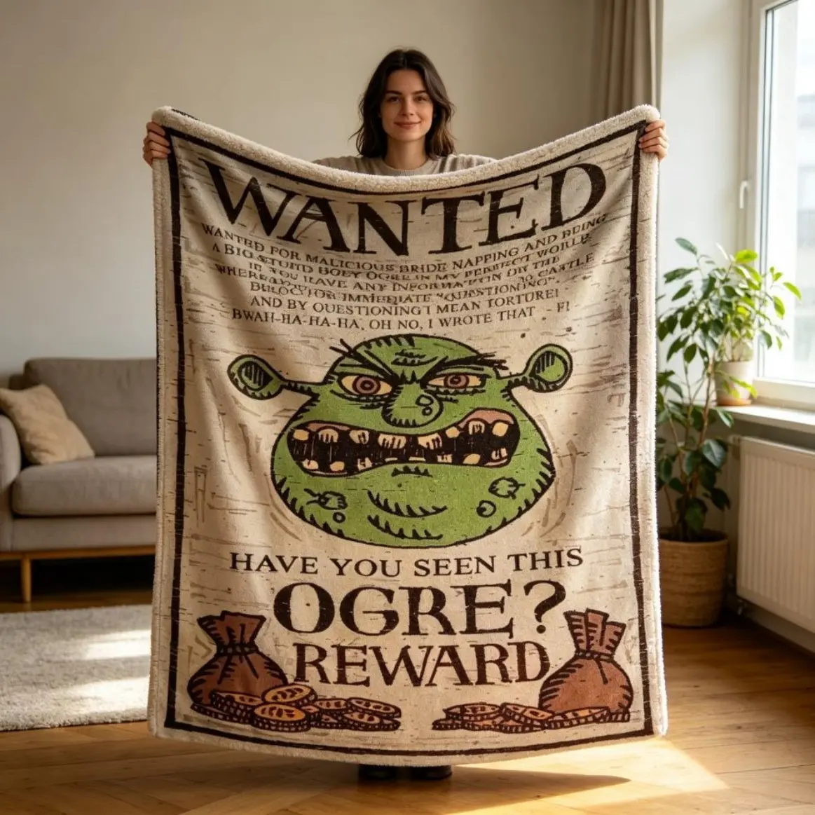 Funny Shrek Ogre Wanted Poster Flannel Blanket For Adults And Kids, "Have You Seen This Ogre" Graphic Print Soft Cozy Warm Lightweight Plush Fleece Throw Blanket, Christmas Holiday Gift For Fans, Couch Bed Sofa Home Decor All Season