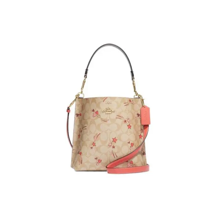 COACH Mollie Logo-Embossed Leather Bucket Bag for Women, Classic Monogram Style in Khaki