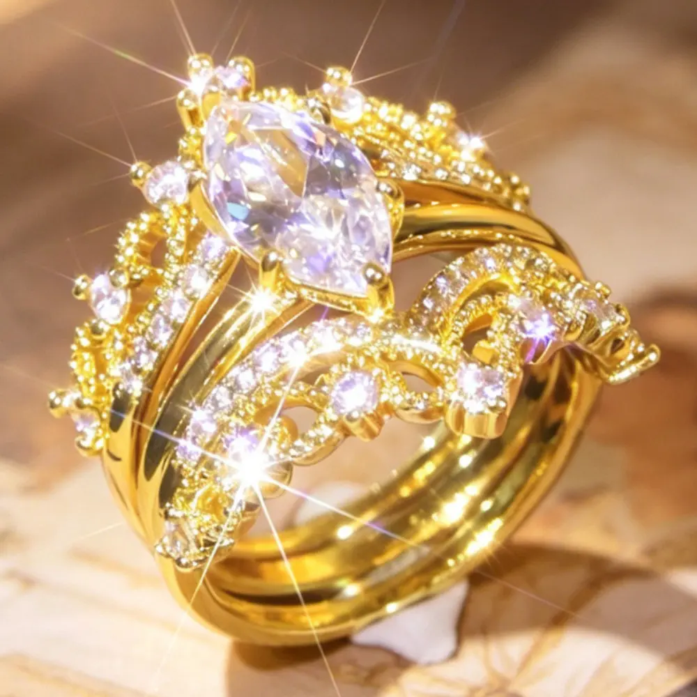 3pcs/set Wide Band Cocktail Couple Ring Vintage Floral Statement for Holiday Parties & Weddings Set Ring Finger Ring Wedding Dress Stackable Ring Set Heavy Accessory Bride's Gift for Holiday Gifting Multilayer Crown Ring party jewelry gift