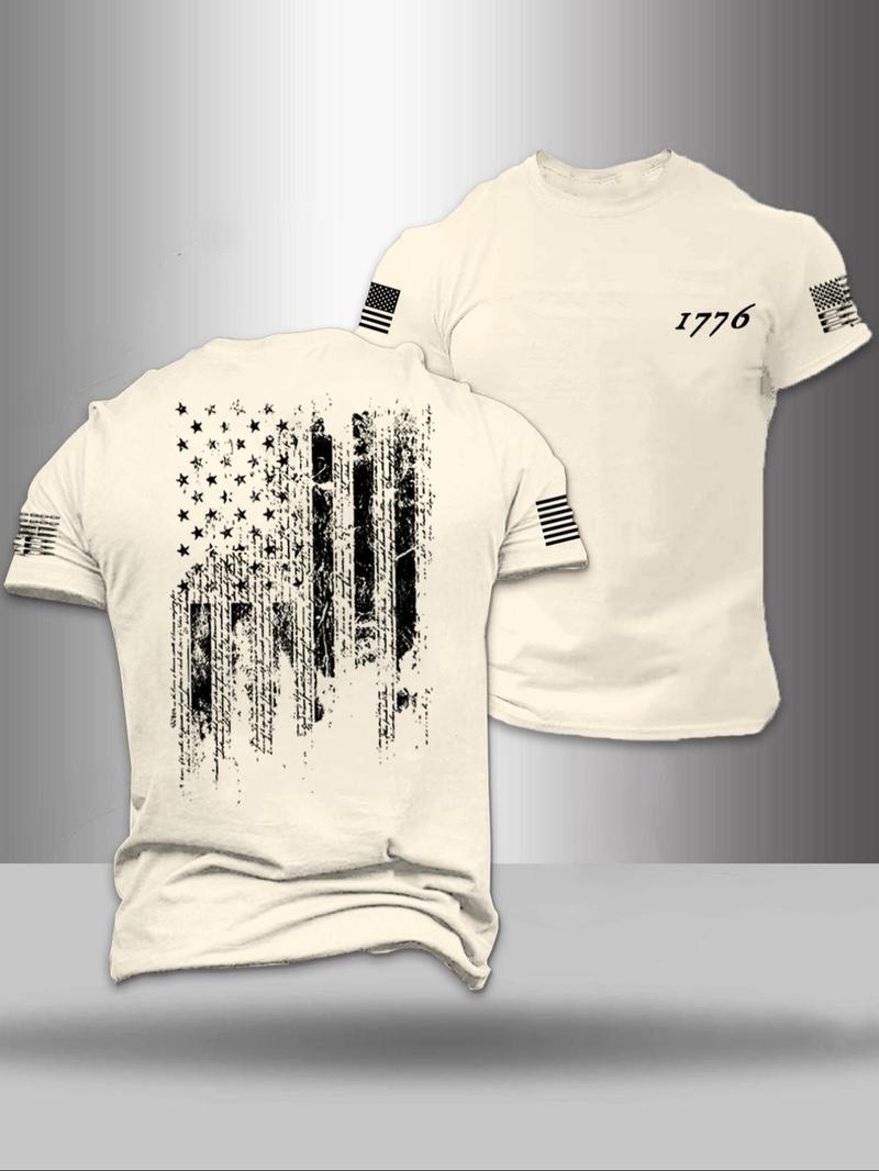 Men's American Flag Print Round Neck Tee, Regular Fit Casual Short Sleeve Crew Neck T-Shirt for Summer, Fashion Men's Top for Daily Wear